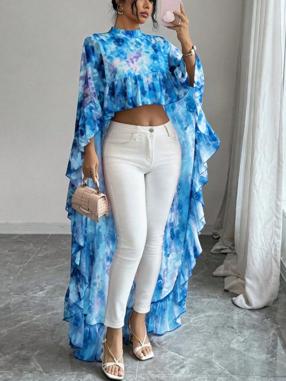 Blue Women's darin Collar Chiffon Floral Ruffle Trim hi-low Elegant Blouse top - Picture 4 of 6